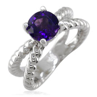 Round Amethyst Crisscross Rope Ring in Sterling Silver
