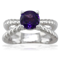 Round Amethyst Crisscross Rope Ring in Sterling Silver