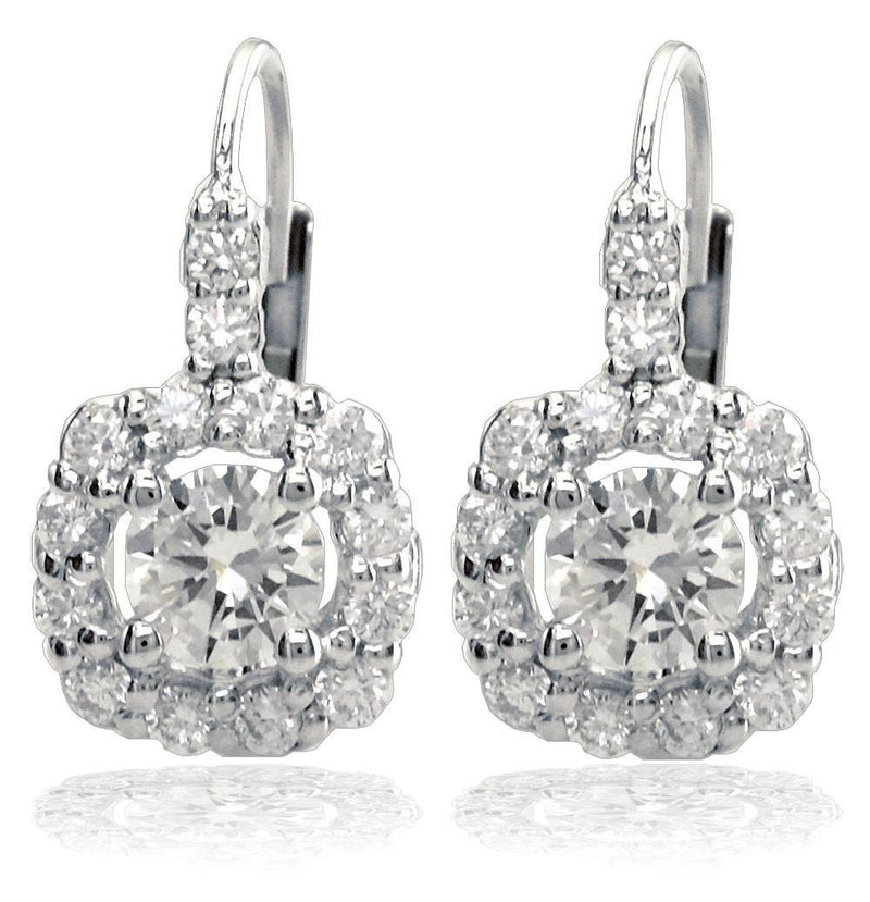 14K White Gold Round Diamond Earrings with Diamond Cushion Halos