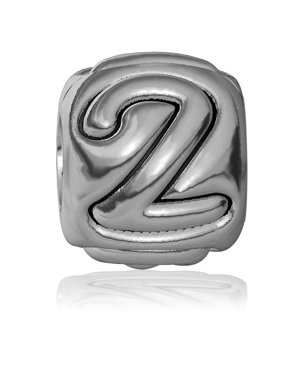 2 - Bead, Single Digit Number 2 Charm Bracelet Bead, Embossed, Complete Alphabet and Numbers Available, Solid Sterling Silver