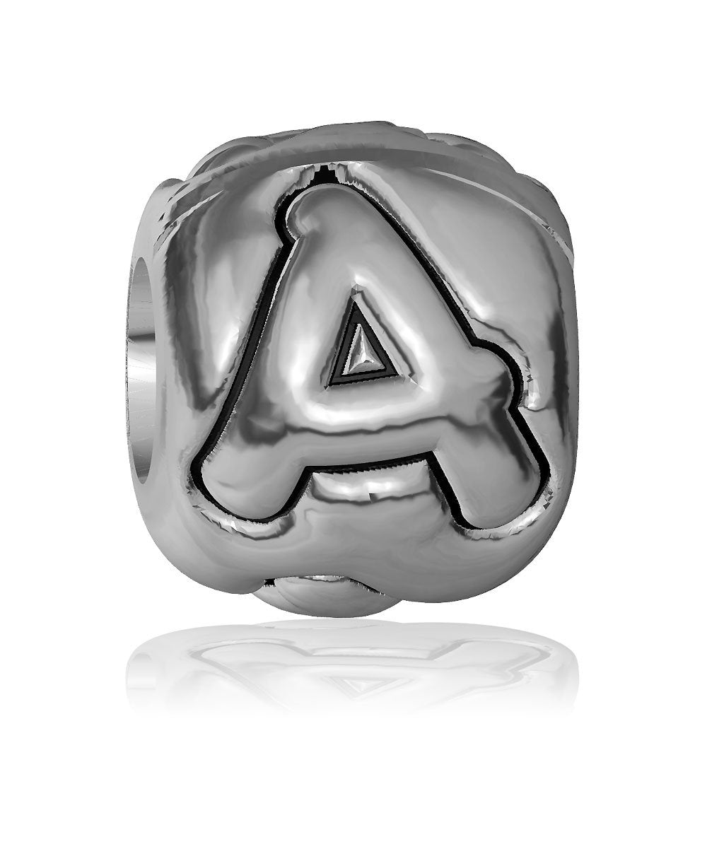 A - Bead, Single Alphabet Initial Letter for Name Bracelet, Capital, Uppercase A Charm Bracelet Bead, Embossed, Complete Alphabet and Numbers Available, Solid Sterling Silver