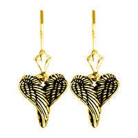 Mini Angel Love Heart Wings Earrings with Black, 12mm in 14k Yellow Gold
