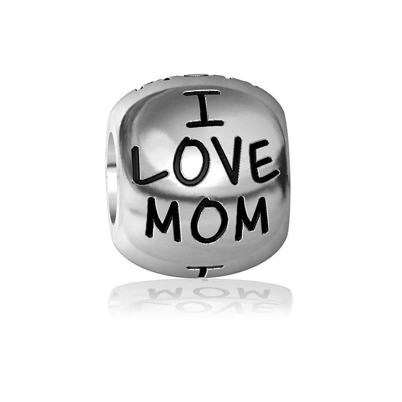 I Love Mom Charm Bracelet Bead, Engraved in Sterling Silver