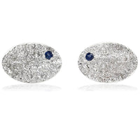 Mens Large Hammered Oval Cufflinks with Blue Sapphires in Sterling Silver
