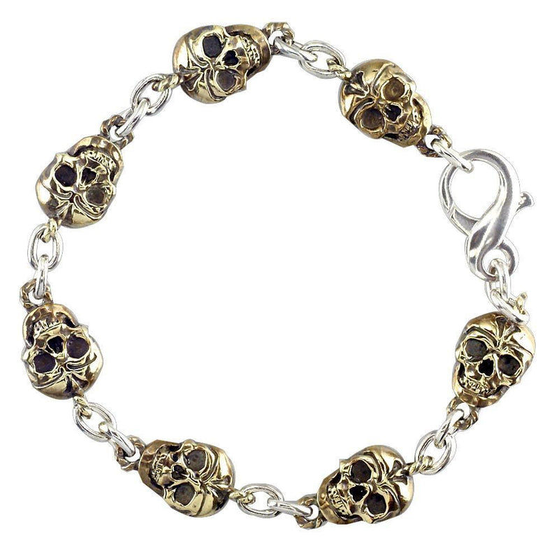 Mens Skull Link Bronze and Sterling Silver Bracelet with Black, 8.5 Inches