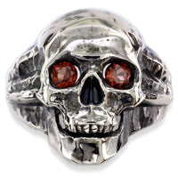Large Skull Ring with Garnet Eyes and Black Finish, 1 Inch, Sterling Silver