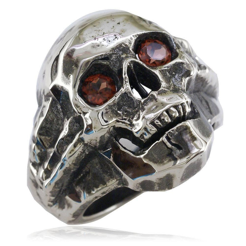 Large Skull Ring with Garnet Eyes and Black Finish, 1 Inch, Sterling Silver