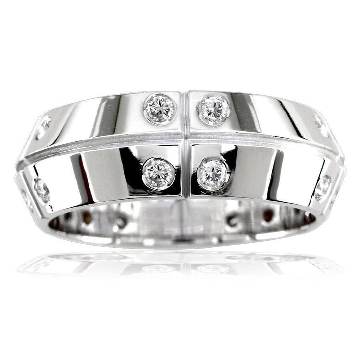 Mens Slanted Top Wedding Band with Lines and Cubic Zirconias, 0.75CT in Sterling Silver