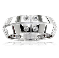 Mens Slanted Top Wedding Band with Lines and Diamonds, 0.75CT in 14K White Gold