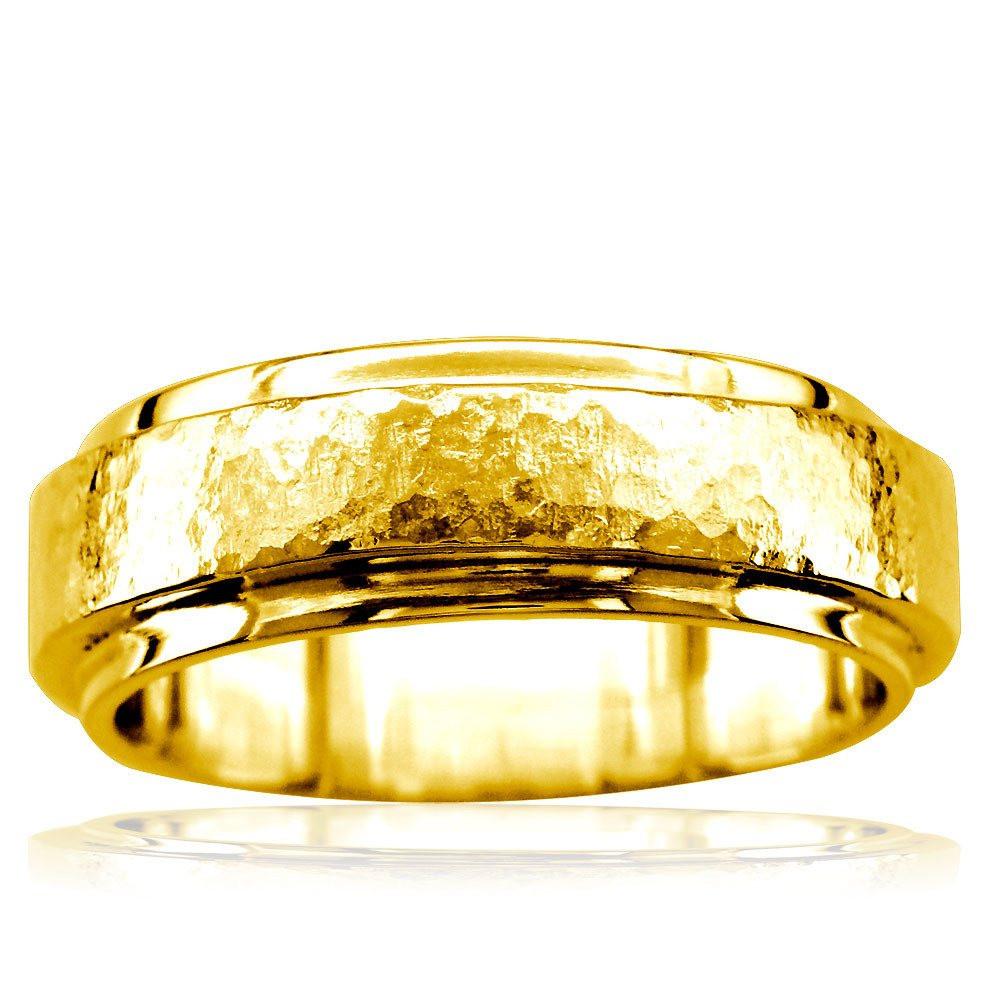 Mens Hammered Flat Edge Wedding Band in 14k Yellow Gold