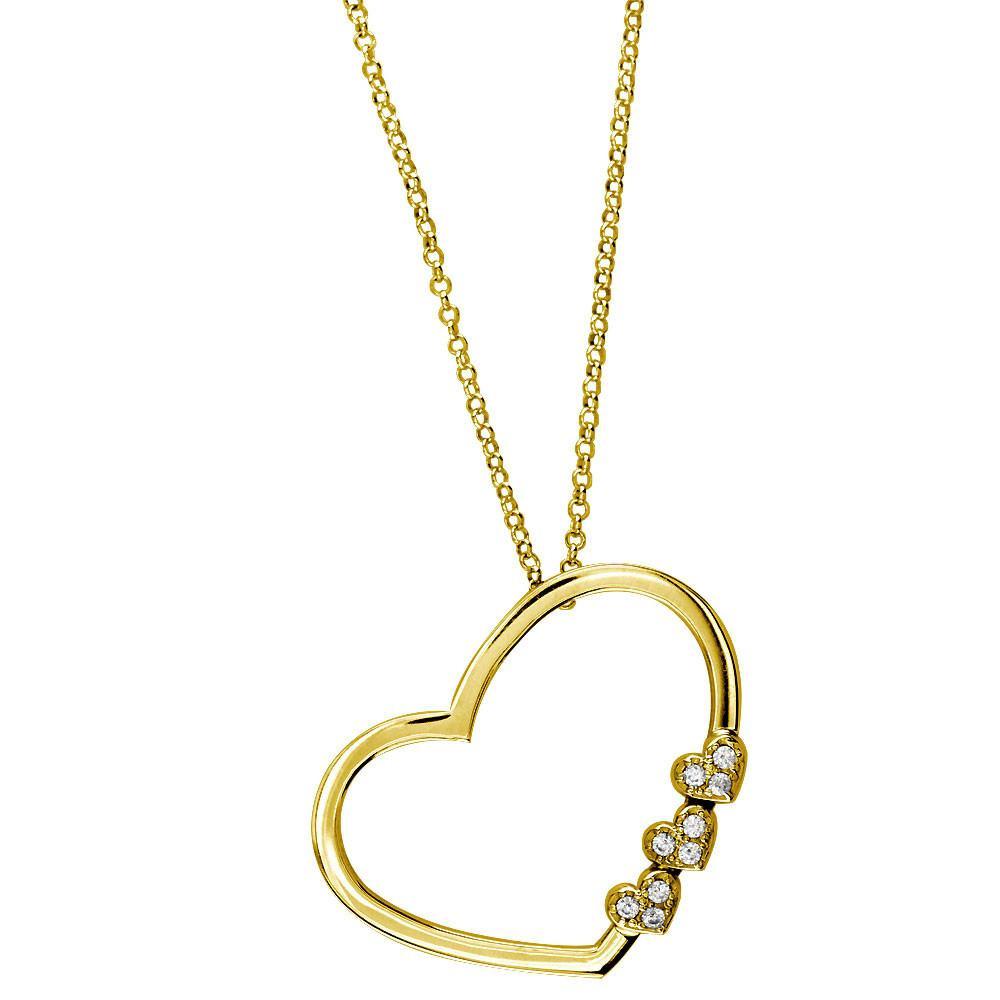 Open Heart and 3 Small Diamond Hearts Necklace, 0.35CT in 14K Yellow Gold