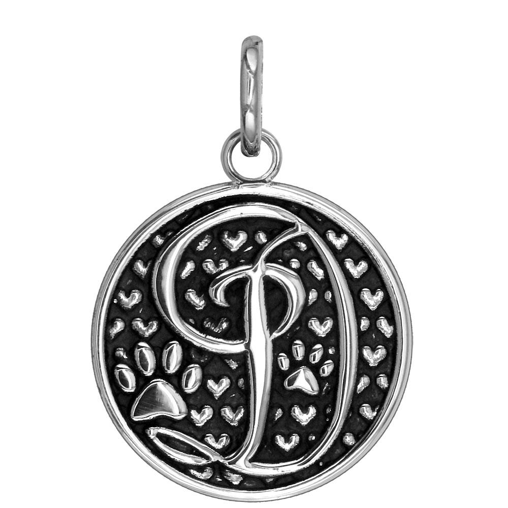 D - Large Solid 925 Sterling Silver with Black Finish Szira Collection Paw and Hearts Monogram Initial D Charm, Pendant, Key Ring, for Dog, Cat or Person