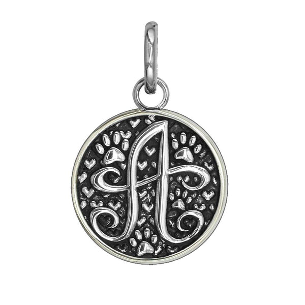 A - Medium Solid 925 Sterling Silver with Black Finish Szira Collection Paw and Hearts Monogram Initial A Charm, Pendant, Key Ring, for Dog, Cat or Person