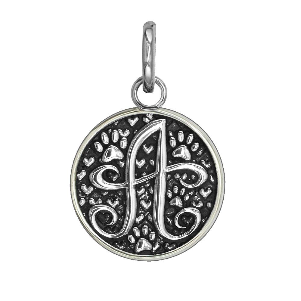 C - Medium Solid 925 Sterling Silver with Black Finish Szira Collection Paw and Hearts Monogram Initial C Charm, Pendant, Key Ring, for Dog, Cat or Person