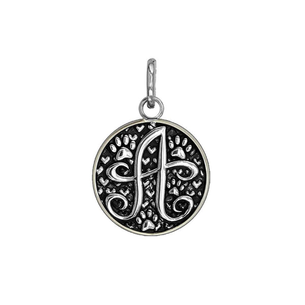 A - Small Solid 925 Sterling Silver with Black Finish Szira Collection Paw and Hearts Monogram Initial A Charm, Pendant, Key Ring, for Dog, Cat or Person