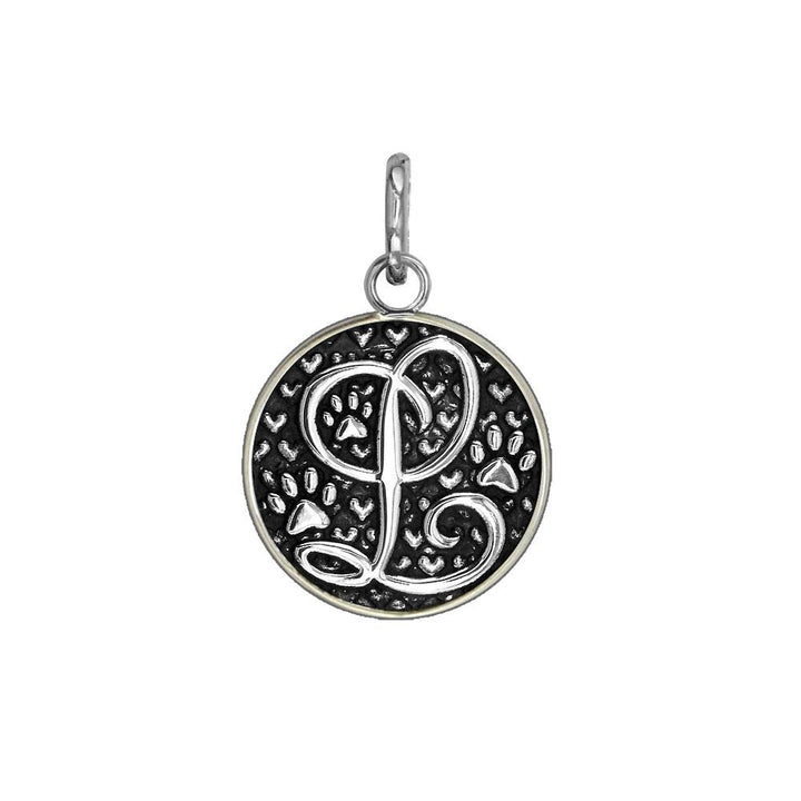 L - Small Solid 925 Sterling Silver with Black Finish Szira Collection Paw and Hearts Monogram Initial L Charm, Pendant, Key Ring, for Dog, Cat or Person