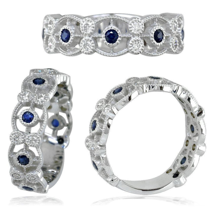 Vintage Style Sapphire and Diamond Ring in 14K White Gold, 0.20CT Sapphires, 0.40CT Diamonds
