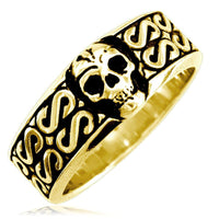 Mens Skull Band with Black, Plain Bottom, 9mm in 14K Yellow Gold