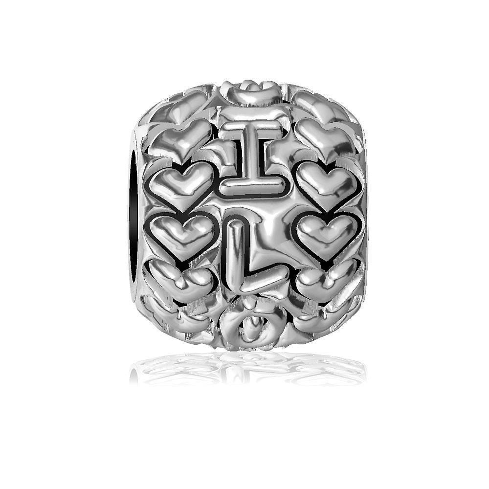 I Love You with Hearts Charm Bracelet Bead in Sterling Silver