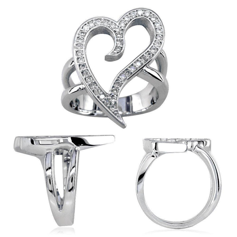 Large Wavy Cubic Zirconia Heart Ring in Sterling Silver, 0.30CT