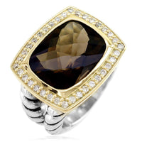 Large Smokey Topaz and Diamond Ring in Sterling Silver and 14K Yellow Gold