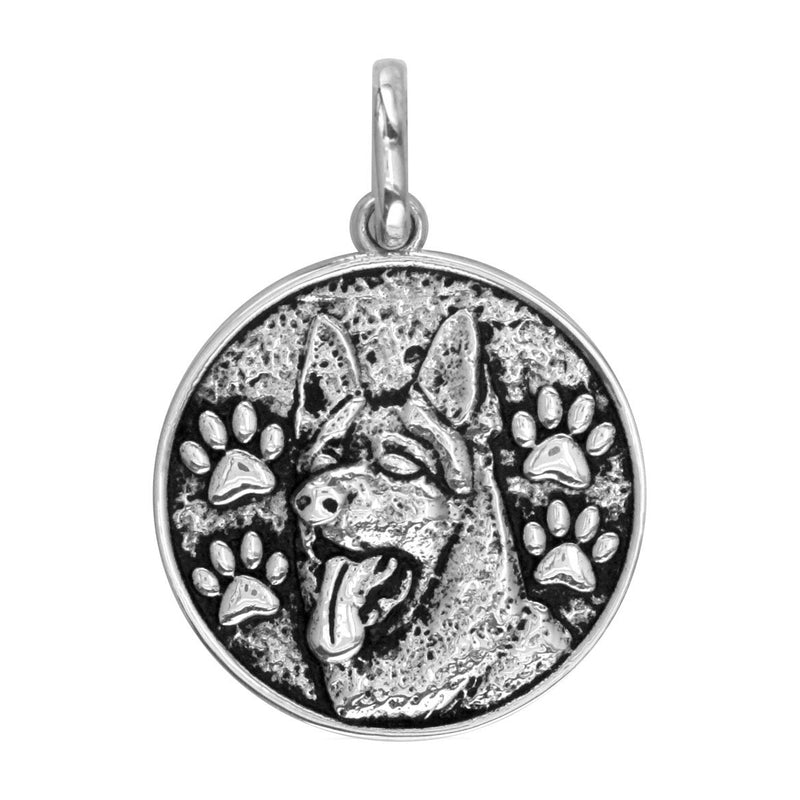 Large Round German Shepherd Charm with Black in Sterling Silver