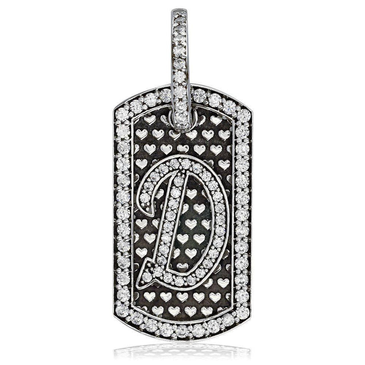 Cubic Zirconia Initial D Dog Tag Charm with Black in Sterling Silver