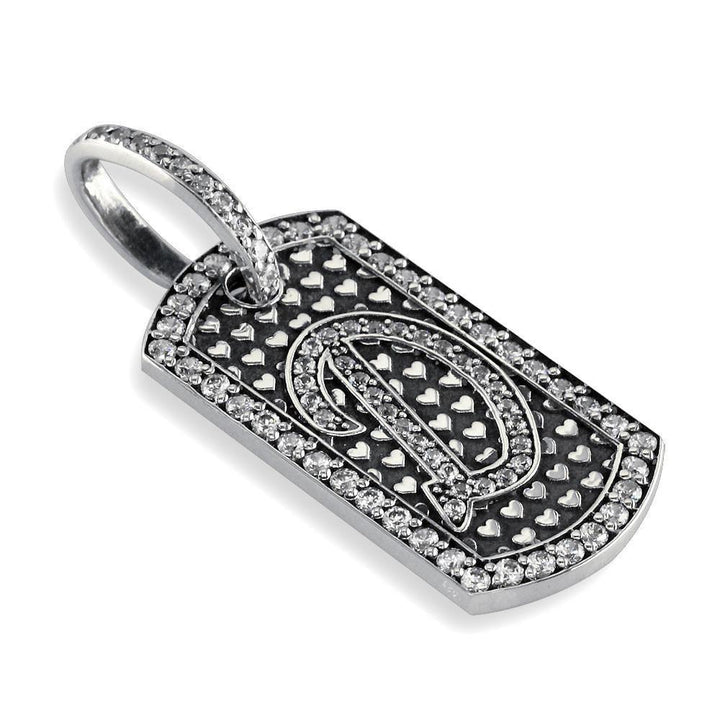 Cubic Zirconia Initial D Dog Tag Charm with Black in Sterling Silver