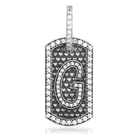 Cubic Zirconia Initial G Dog Tag Charm with Black in Sterling Silver