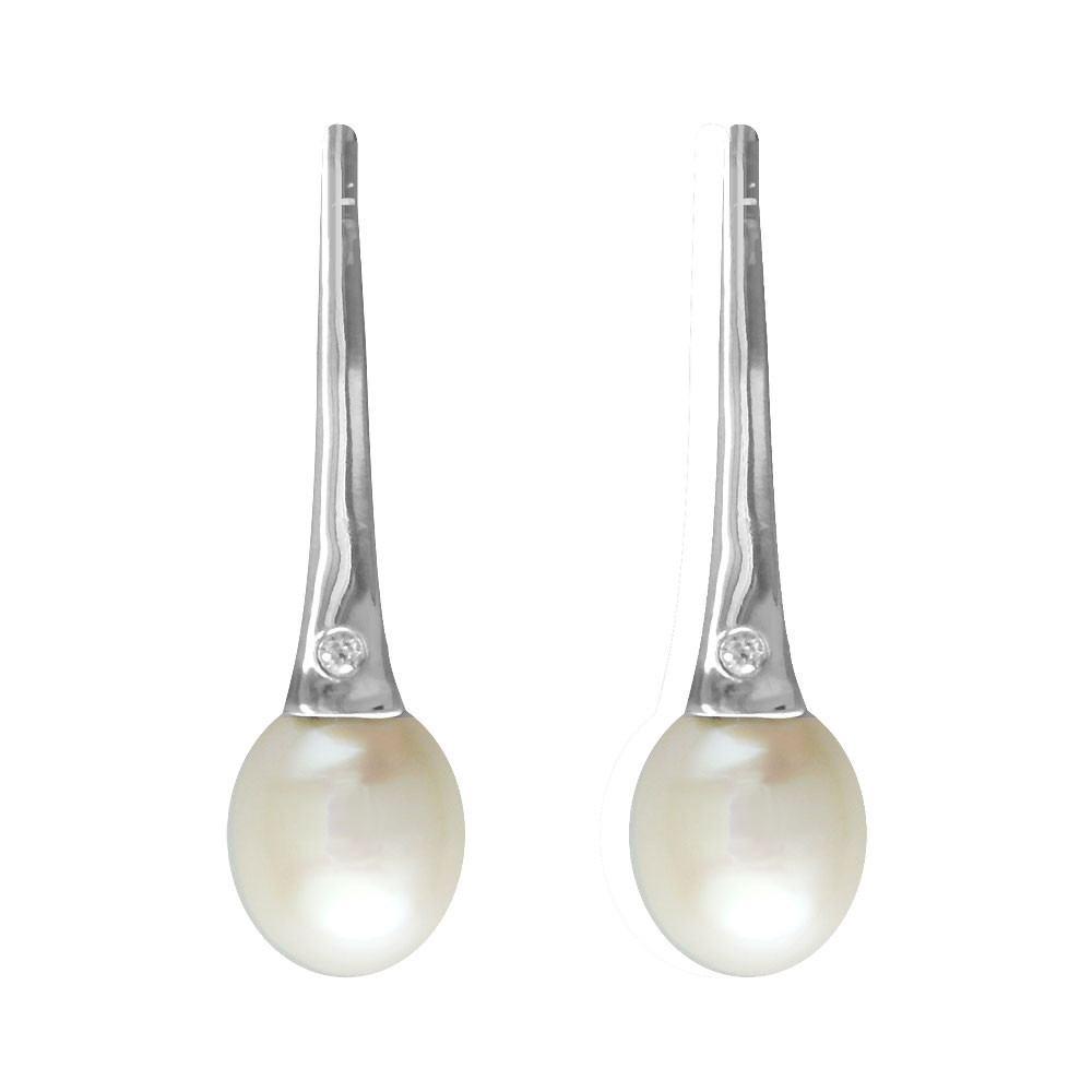 Large Oval Pearl Drop Earrings with 14K White Gold and Diamond Accent