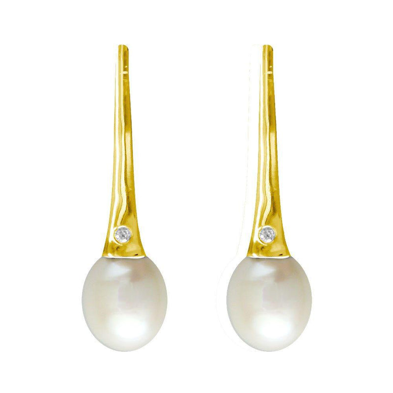 Large Oval Pearl Drop Earrings with 14K Yellow Gold and Diamond Accent