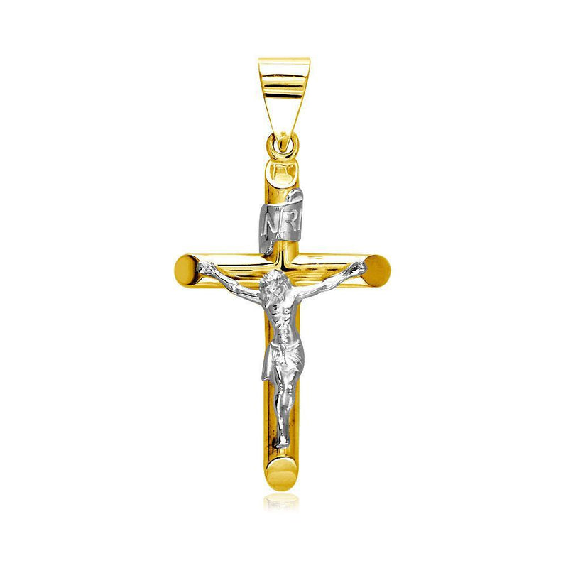 36mm Inri Jesus Crucifix Cross Charm in 14K Yellow and White Gold