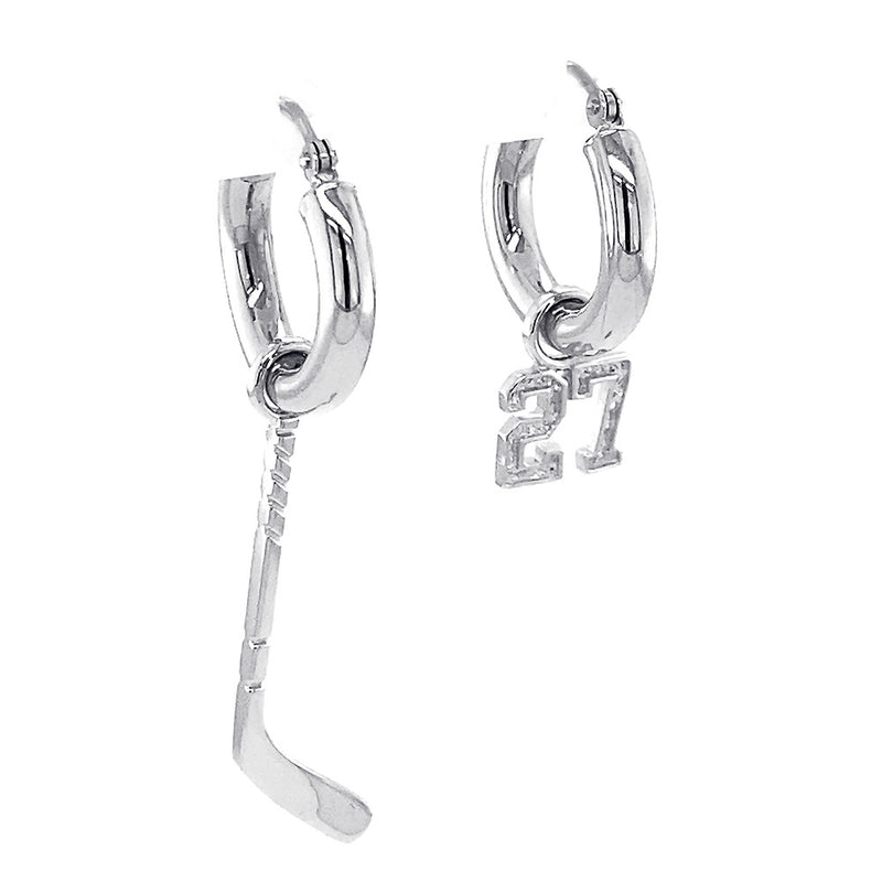 15mm Hoop Earrings with Any Jersey Number Charm and Left Handed Hockey Stick Charm in 14k White Gold