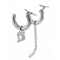 15mm Hoop Earrings with Any Jersey Number Charm and Left Handed Hockey Stick Charm in 14k White Gold
