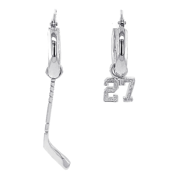 15mm Hoop Earrings with Any Jersey Number Charm and Left Handed Hockey Stick Charm in Sterling Silver