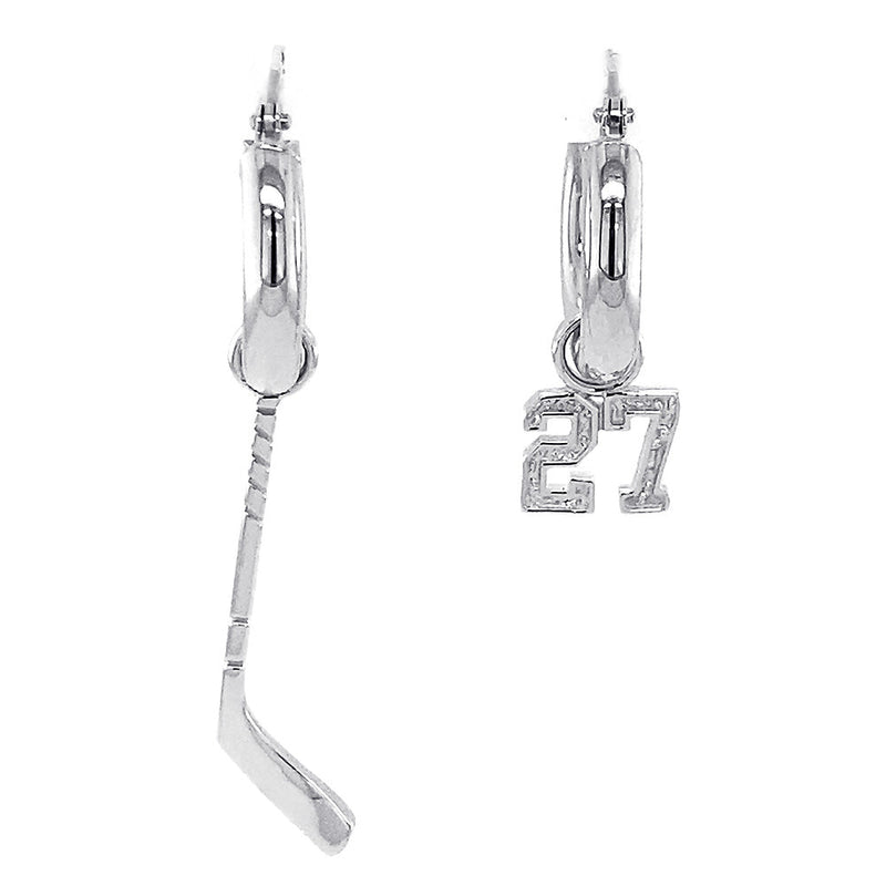15mm Hoop Earrings with Any Jersey Number Charm and Left Handed Hockey Stick Charm in 14k White Gold