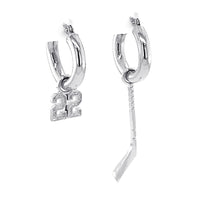 15mm Hoop Earrings with Any Jersey Number Charm and Right Handed Hockey Stick Charm in 14k White Gold