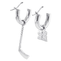 15mm Hoop Earrings with Any Jersey Number Charm and Right Handed Hockey Stick Charm in 14k White Gold