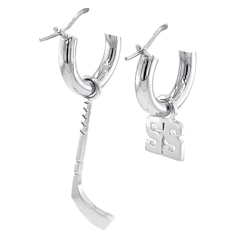 15mm Hoop Earrings with Any Jersey Number Charm and Right Handed Hockey Stick Charm in 14k White Gold