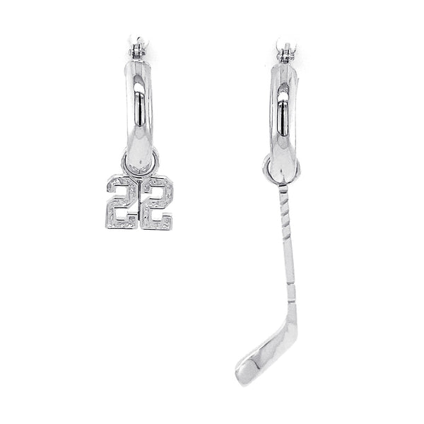 15mm Hoop Earrings with Any Jersey Number Charm and Right Handed Hockey Stick Charm in 14k White Gold