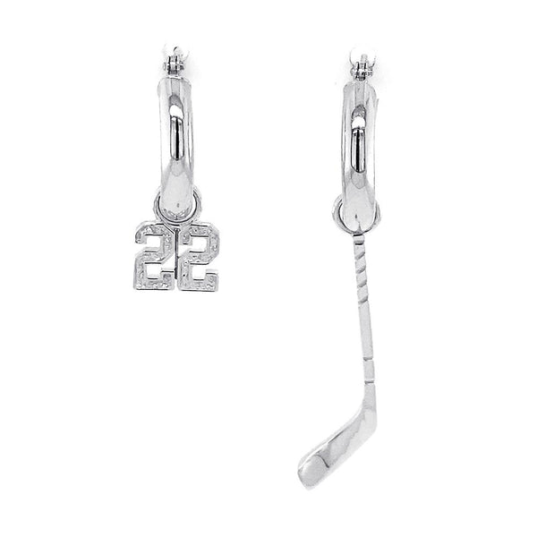 15mm Hoop Earrings with Any Jersey Number Charm and Right Handed Hockey Stick Charm in Sterling Silver