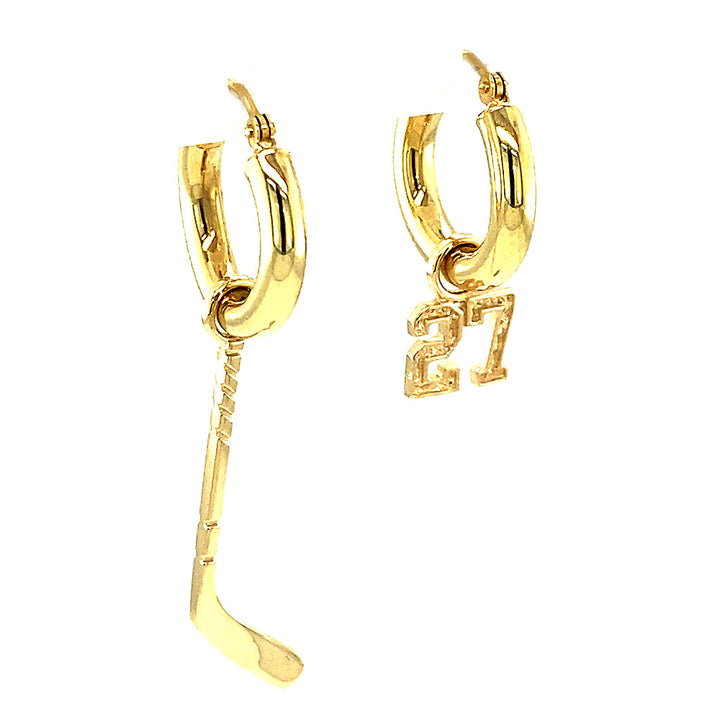 15mm Hoop Earrings with Any Jersey Number Charm and Left Handed Hockey Stick Charm in 14k Yellow Gold