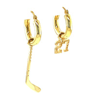 15mm Hoop Earrings with Any Jersey Number Charm and Left Handed Hockey Stick Charm in 14k Yellow Gold