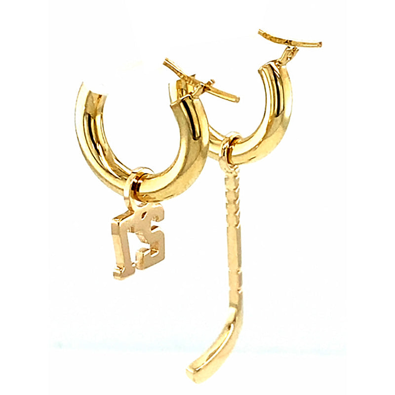 15mm Hoop Earrings with Any Jersey Number Charm and Left Handed Hockey Stick Charm in 14k Yellow Gold