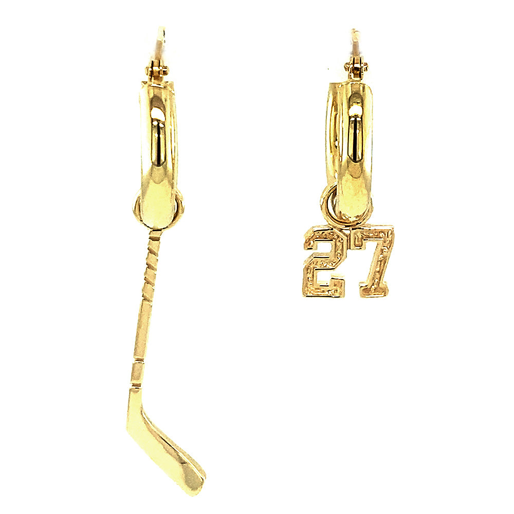 15mm Hoop Earrings with Any Jersey Number Charm and Left Handed Hockey Stick Charm in 14k Yellow Gold