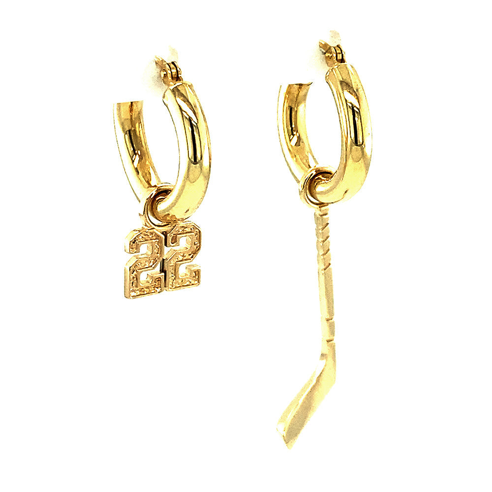 15mm Hoop Earrings with Any Jersey Number Charm and Right Handed Hockey Stick Charm in 14k Yellow Gold