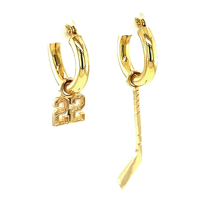 15mm Hoop Earrings with Any Jersey Number Charm and Right Handed Hockey Stick Charm in 14k Yellow Gold