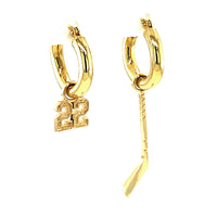 15mm Hoop Earrings with Any Jersey Number Charm and Right Handed Hockey Stick Charm in 14k Yellow Gold