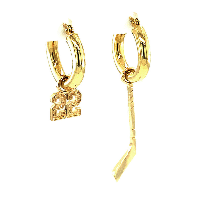 15mm Hoop Earrings with Any Jersey Number Charm and Right Handed Hockey Stick Charm in 14k Yellow Gold