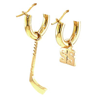 15mm Hoop Earrings with Any Jersey Number Charm and Right Handed Hockey Stick Charm in 14k Yellow Gold